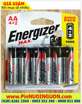 Pin Energizer E91 BP6; Pin AA Alkaline 1.5v Energizer E91 BP6 (LR6)-Made in Singapore | Vỉ 6 viên